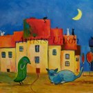 Fantasy Cityscape Original Oil Painting, Blue Cat, Gift for Kids Children, Abstract Colorful Animals