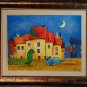 Fantasy Cityscape Original Oil Painting, Blue Cat, Gift for Kids Children, Abstract Colorful Animals