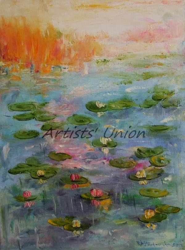 Water Lilies Original Oil Painting Pond Landscape Lake Palette Knife Fine Art Impressionism