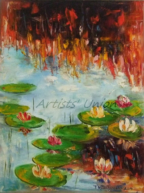 Water Lilies Original Oil Painting Autumn Lake Lily Pad Palette Knife Fine Art Impressionism Pond