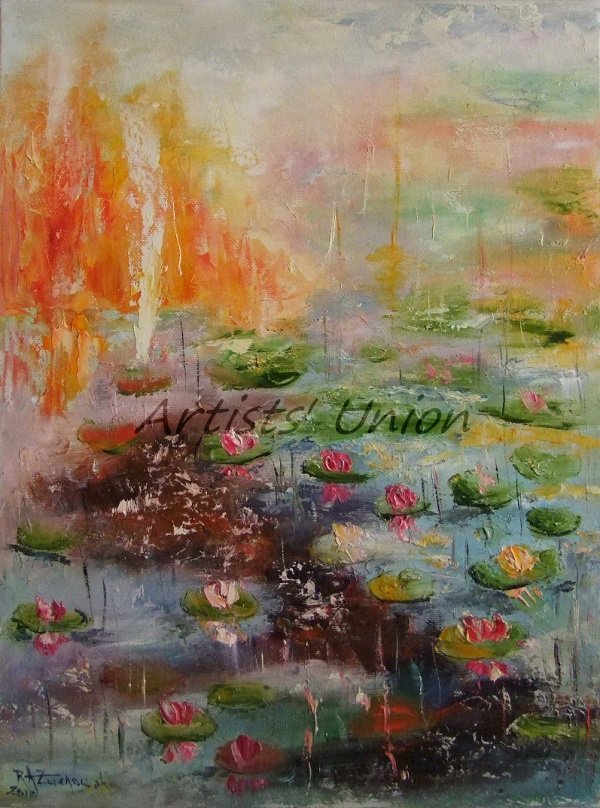 Water Lilies Original Oil Painting Lily Pad Palette Knife Fine Art Impressionism Pond