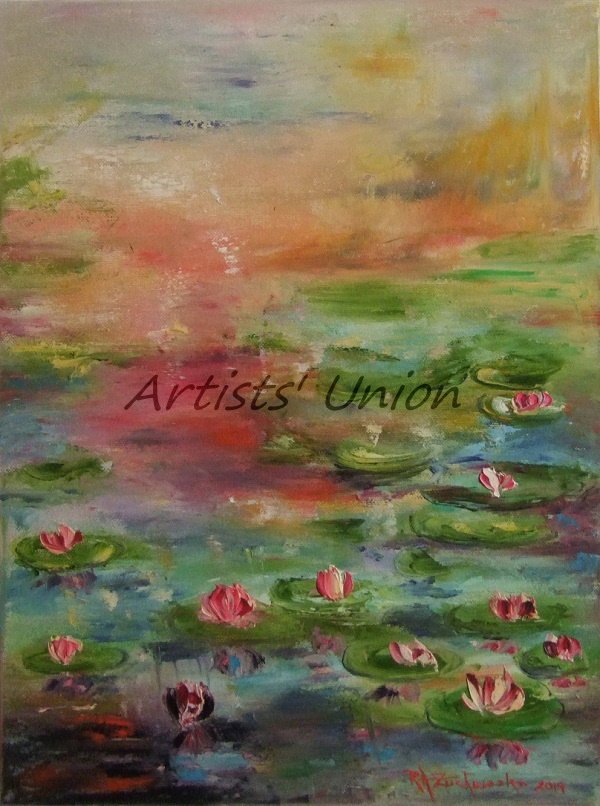 Water Lilies Original Oil Painting Colorful Impressionism Pond Landscape Lake Fine Art