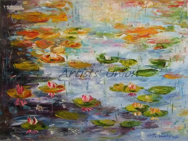 Water Lilies Original Oil Painting Pond Lily Pads Impressionism Palette Knife Fine Art