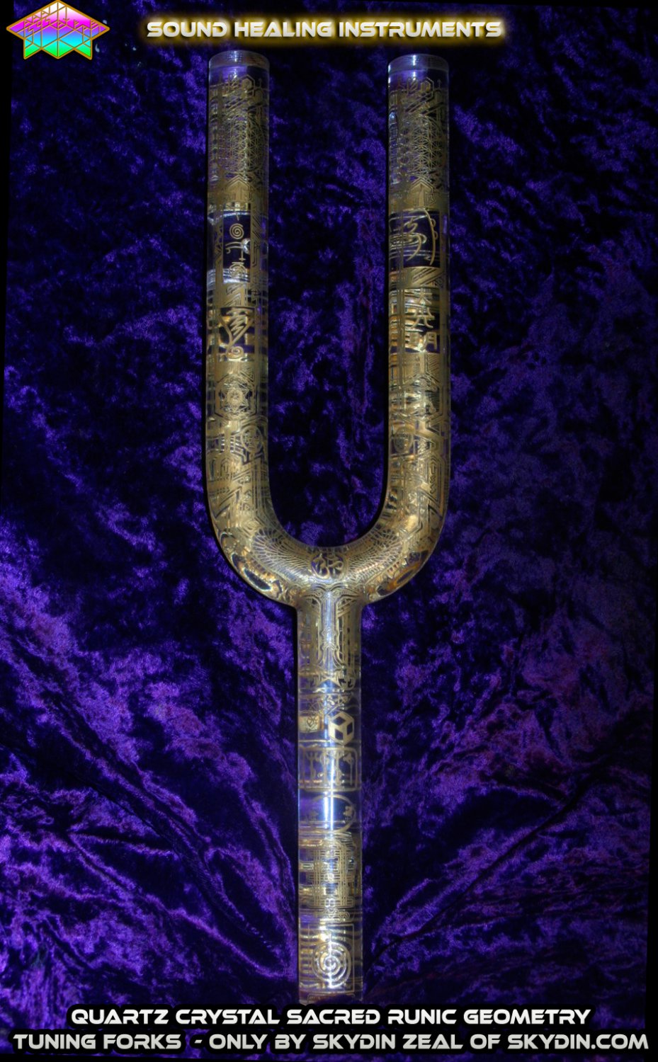 Aqua Aura Quartz Crystal Tuning Fork, 24k Gold Leaf! Etched, Handmade