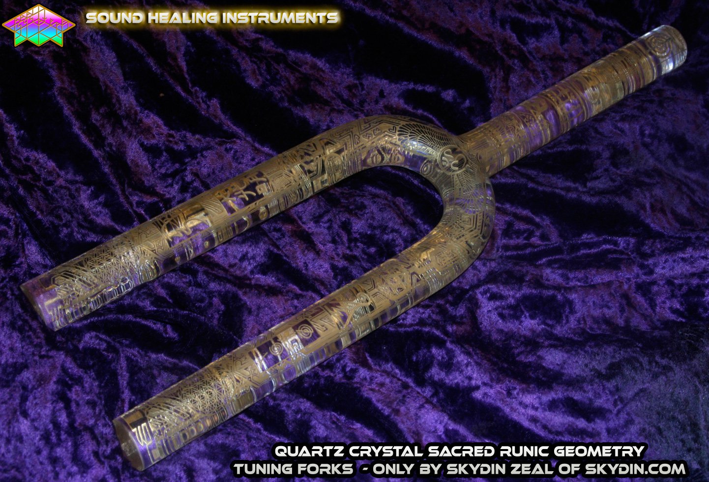 Aqua Aura Quartz Crystal Tuning Fork, 24k Gold Leaf! Etched, Handmade