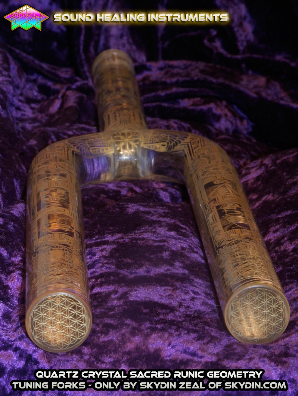 Aqua Aura Quartz Crystal Tuning Fork, 24k Gold Leaf! Etched, Handmade