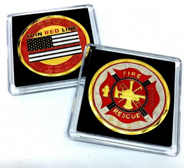 US Fire Rescue Thin Red Line Flag Challenge Collectible Coin Fireman Gift w/Case