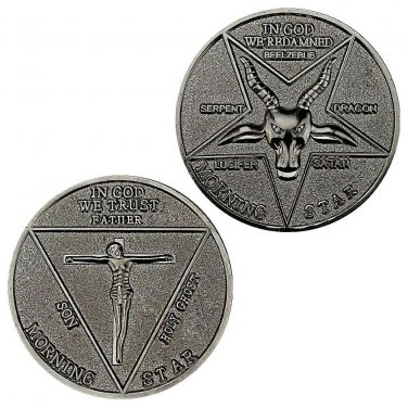 Satanic Pentagram Devil Goat Head SILVER Good Luck Heads Tails Challenge Coin