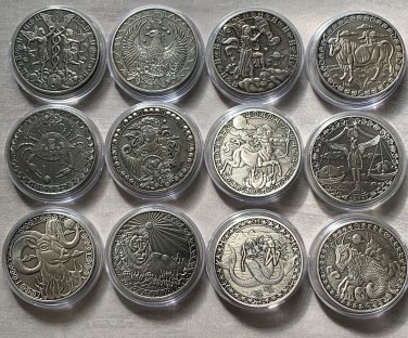 ZODIAC 12 CONSTALLATION Complete Set Challenge Coin Antique Silver Finish