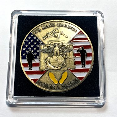 Always a Marine Challenge Coin Semper Fi Yellow Foot Print Parris Island w/Case