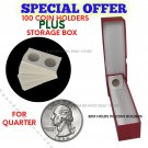 (100) QUARTER Size 2x2 Mylar Cardboard Coin Flips PLUS Red Box Coin Storage!