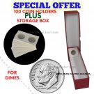 (100) DIME Size 2x2 Mylar Cardboard Coin Flips PLUS Red Box Coin Storage!