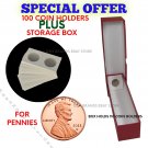 (100) PENNY Size 2x2 Mylar Cardboard Coin Flips PLUS Red Box Coin Storage!
