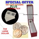 (100) LARGE DOLLAR Size 2x2 Mylar Cardboard Coin Flips PLUS Red Box Coin Storage