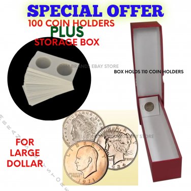 (100) LARGE DOLLAR Size 2x2 Mylar Cardboard Coin Flips PLUS Red Box Coin Storage