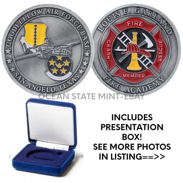 GOODFELLOW AFB SAN ANGELO TEXAS Challenge Coin LOUIS L GARLAND FIRE ACADEMY &BOX