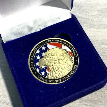 US Military Eagle Challenge Coin "THANK YOU" ARMY-NAVY- AIR FORCE USCG-MC BOXED!