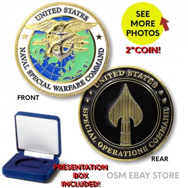 NAVY NAVAL SPECIAL WARFARE COMMAND NAVSOC SEAL TRIDENT 2" CHALLENGE COIN W BOX