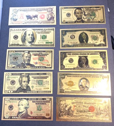 10X Gold Flake Banknotes Assorted  Perfect GIFTS-Bills of the Past & Present