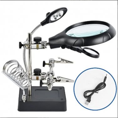 Soldering Workstation Stand w/ LED Light & Magnifying Glass AC/DC USB Adapter