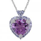 3.7 CT.W Heart Shaped Amethyst with Tanzanite and Diamond Pendant Necklace 10k White Gold