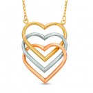 GORGEOUS 10KT white rose yellow GOLD TRIPLE HEART PENDANT NECKLACE CHAIN MOTHER'S GIFT