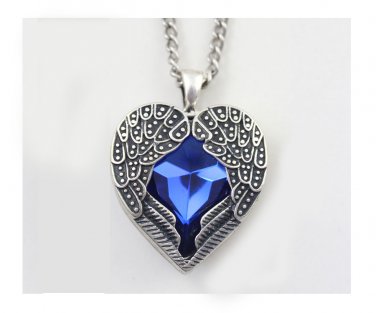 Vintage BLUE ruby jewelry pendant necklace Peach Palace Carved angel wings Heart Love long chain