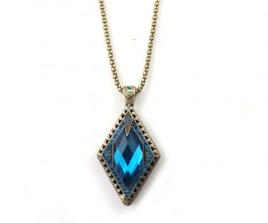 Vintage BLUE ruby jewelry pendant necklace Peach Palace Carved angel wings Heart Love long chain