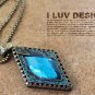 Vintage BLUE ruby jewelry pendant necklace Peach Palace Carved angel wings Heart Love long chain