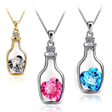 Love Heart Crystals Wish Sky BLUE Bottle Pendant Necklace Silver Plated Chain New Fashion For Women