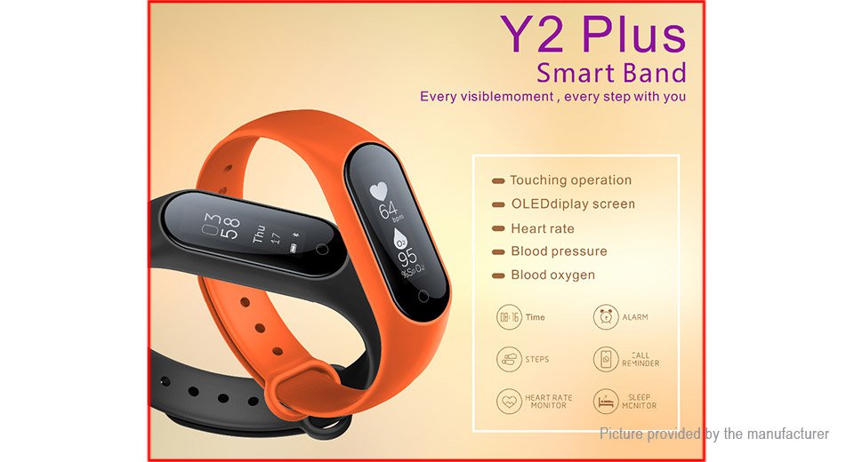 Y2+ 0.87' OLED Smart Fitness Bracelet Heart Rate+Blood Pressure+Oxygen - Black