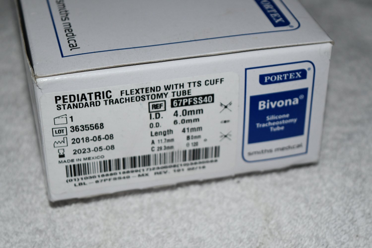 Portex Bivona Pediatric Silicone Tracheostomy Tube 67PFSS40 New W1