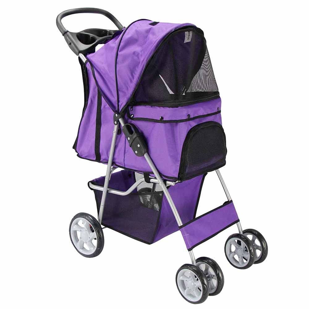 Pet Stroller Cat Dog 4 Wheeler Easy Walk Stroller Travel Folding Carrier Purple