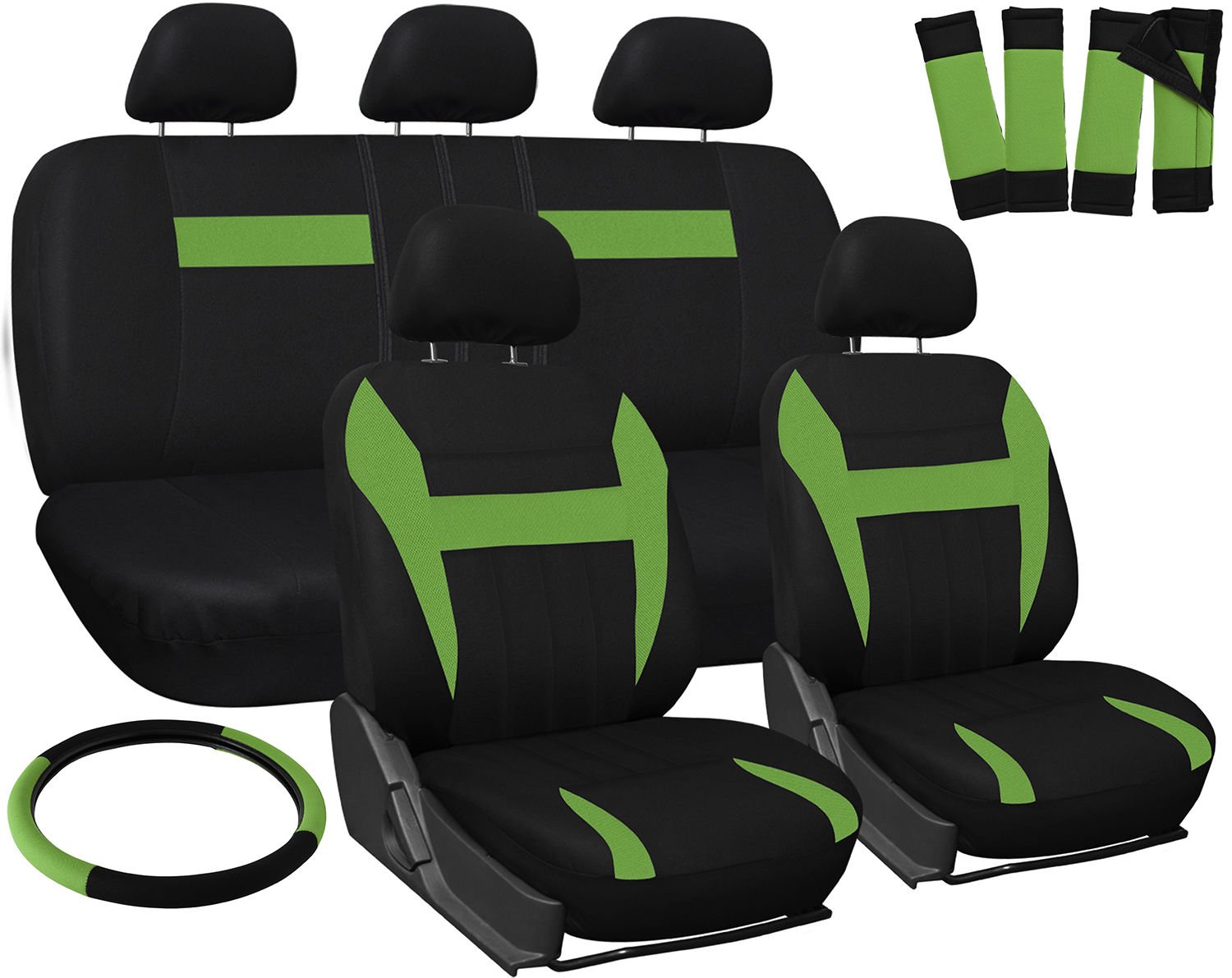Car Seat Covers for Kia Soul Green & Black w/Steering Wheel/Belt Pads