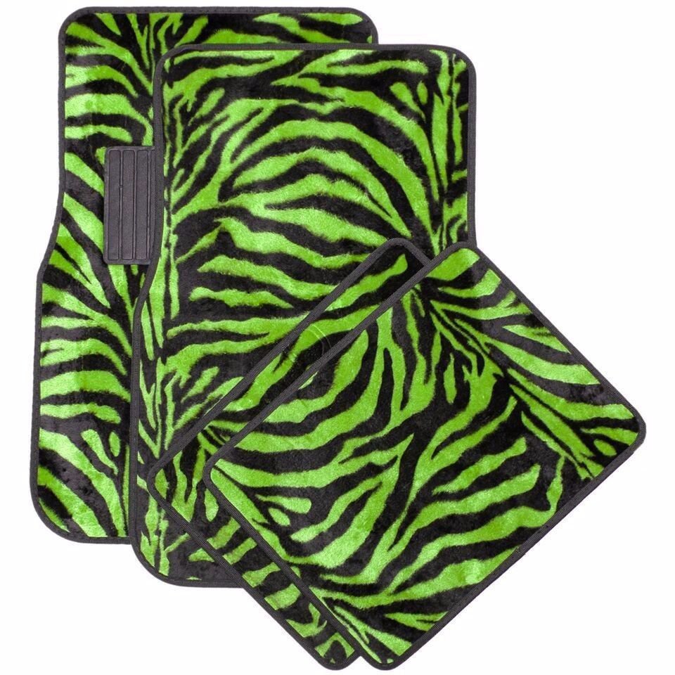 4pc Set of Zebra Auto Floor Mat Safari Animal Print Carpet Green