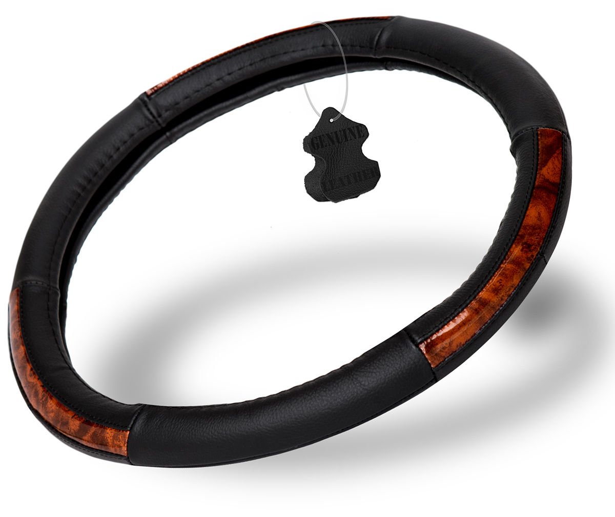 Genuine Leather Steering Wheel Cover for Auto Car Truck Van SUV Black V.23