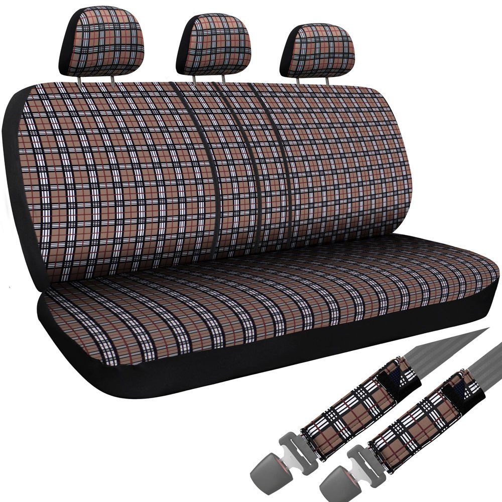 8pc OxGord Brown Plaid Bench Seat Covers TRUCK Steering Wheel Seatbelt ...