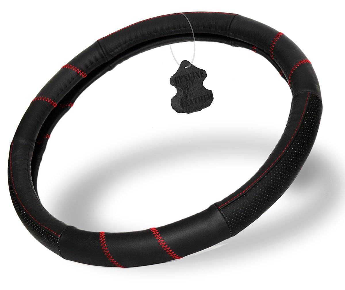 Genuine Leather Steering Wheel Cover Custom for Auto Car Truck SUV Red & Black