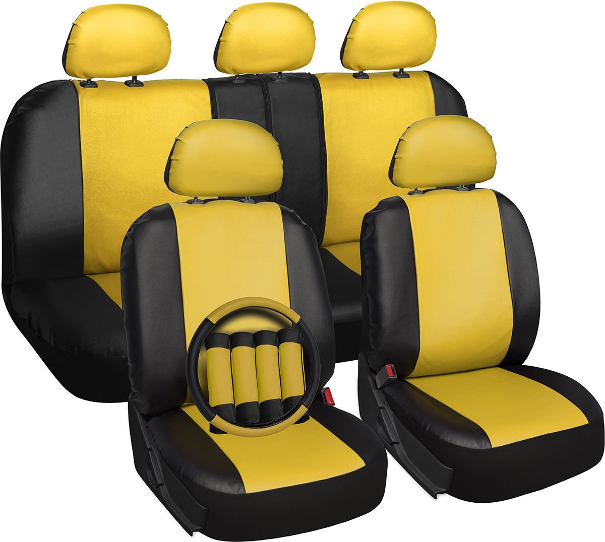 Faux Leather Car Seat Covers Yellow 17pc Set w/Steering Wheel/Belt Pad