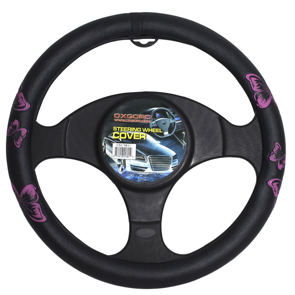 Pink Black Butterfly Rubber Steering Wheel Cover for Car Truck Van SUV