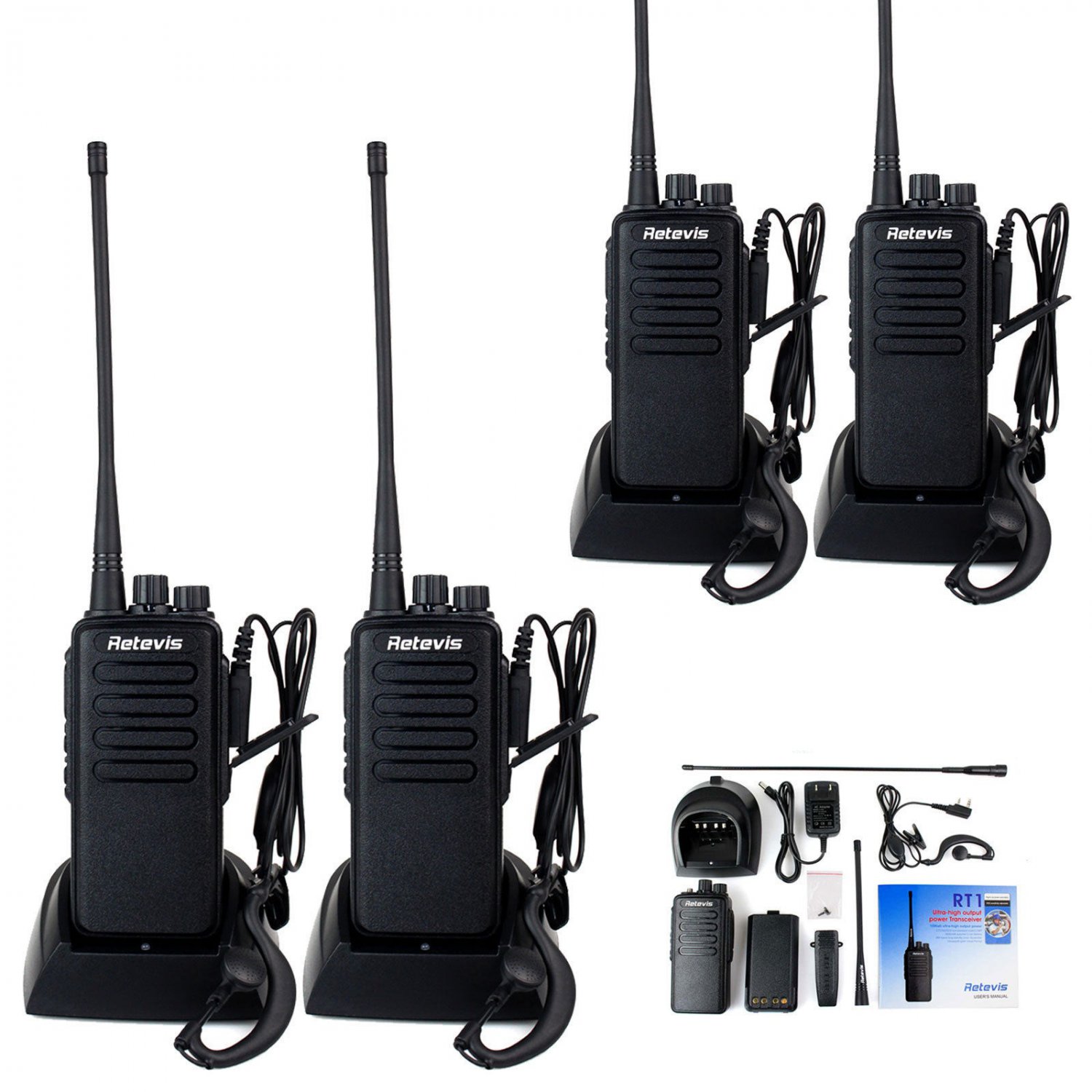 4x Retevis RT1 10W Walkie Talkie UHF 400-520MHz 16CH VOX Two Way Radio