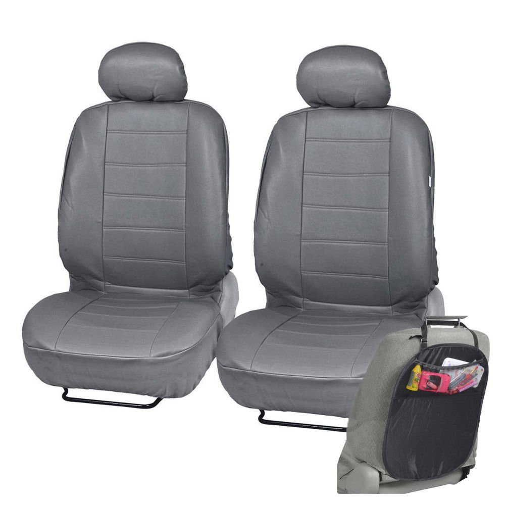 PU Leather Car Seat Covers Gray Fit Sedan SUV Front Seat w/ Organizer