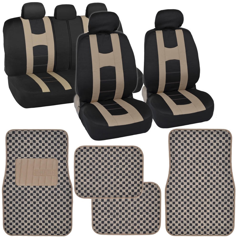 Beige Tan Black Auto Seat Covers & Checker Rug Floor Mats for Car SUV Van