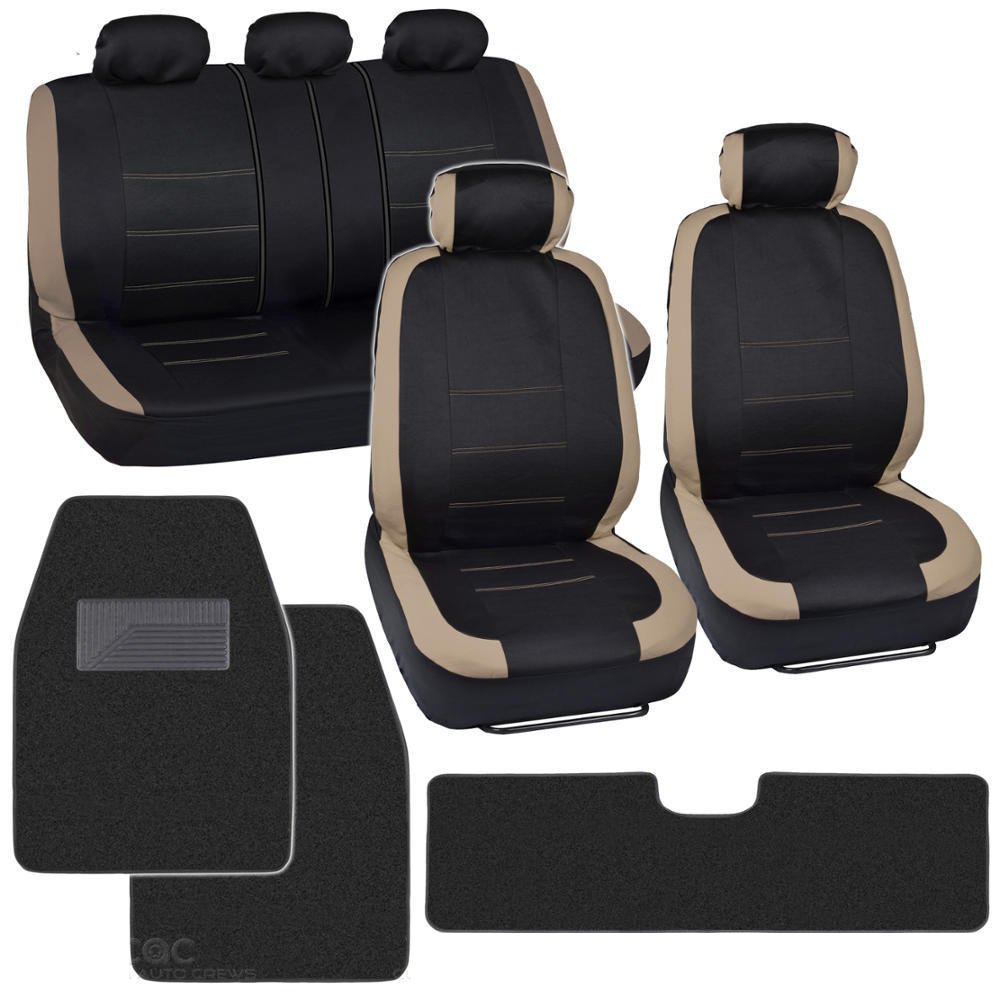 13pc Seat Covers & Floor Mats for Car Black/Beige w/ Hefty Trim Mats