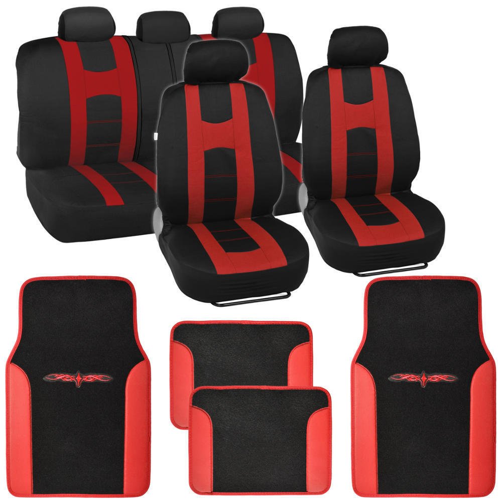 Red On Black Striped Car Seat Covers Auto Suv Sport Mesh Cloth W Two Tone Mat 