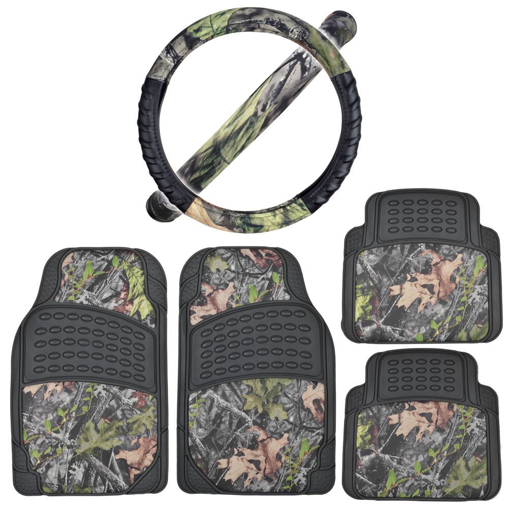 Black/Camo Rubber Floor Mats w/ Cushion Grip Steering Wheel Cover