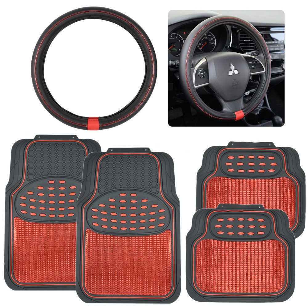 OEM Shiny Red Metallic Finish Vinyl Floor Mats and Leather Steering