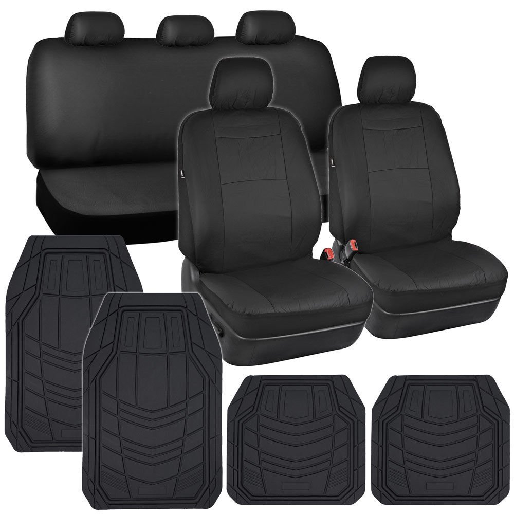OEM Car Seat Covers Black PU Leather w Heavy Duty Rubber Floor Mats for