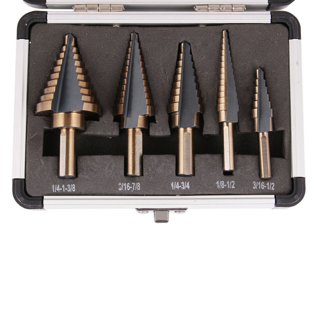 5pcs Large Step Down Variable Size Steel Drill Bit Uni Bit Set Tool W Case By