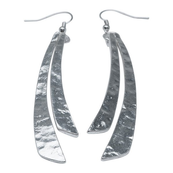 Matte Silver Long Double Flat Stick Dangle Earrings with Hammered Finish, Karine Sultan